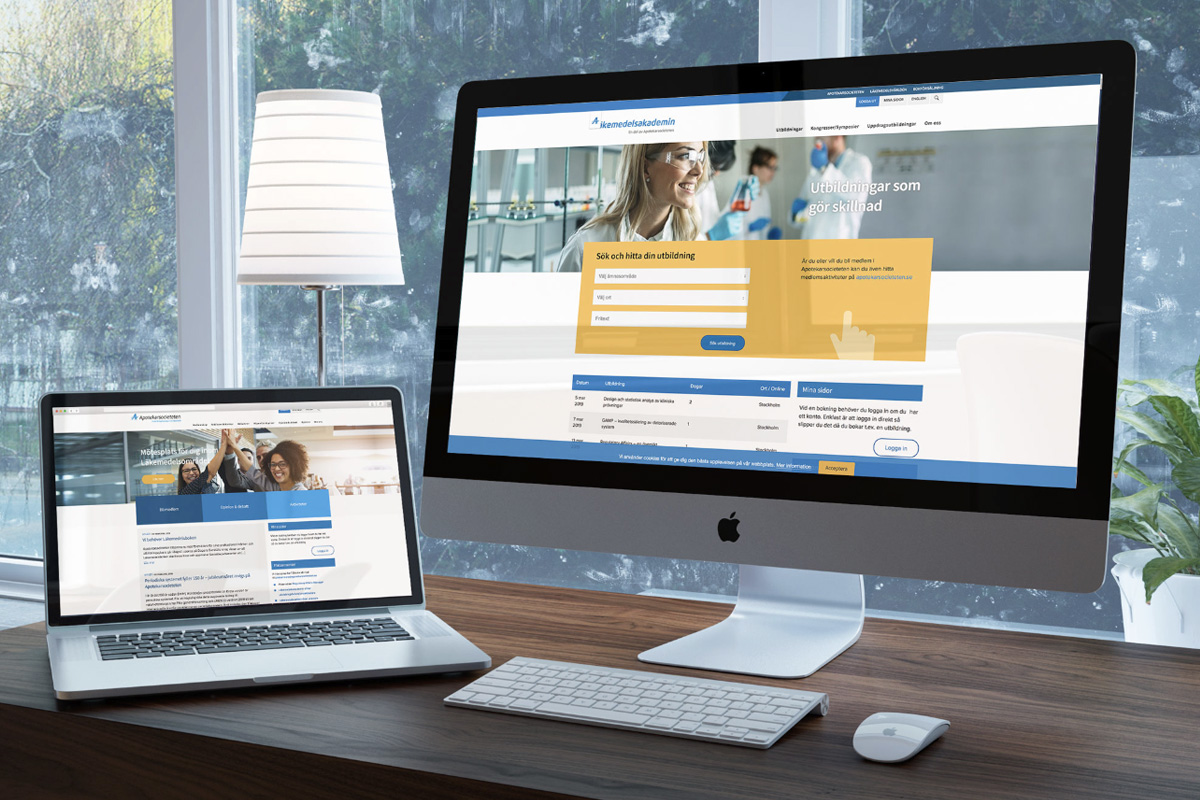 En laptop med Apotekarsocietetens webbsida och en stationär dator med Läkemedelsakademin