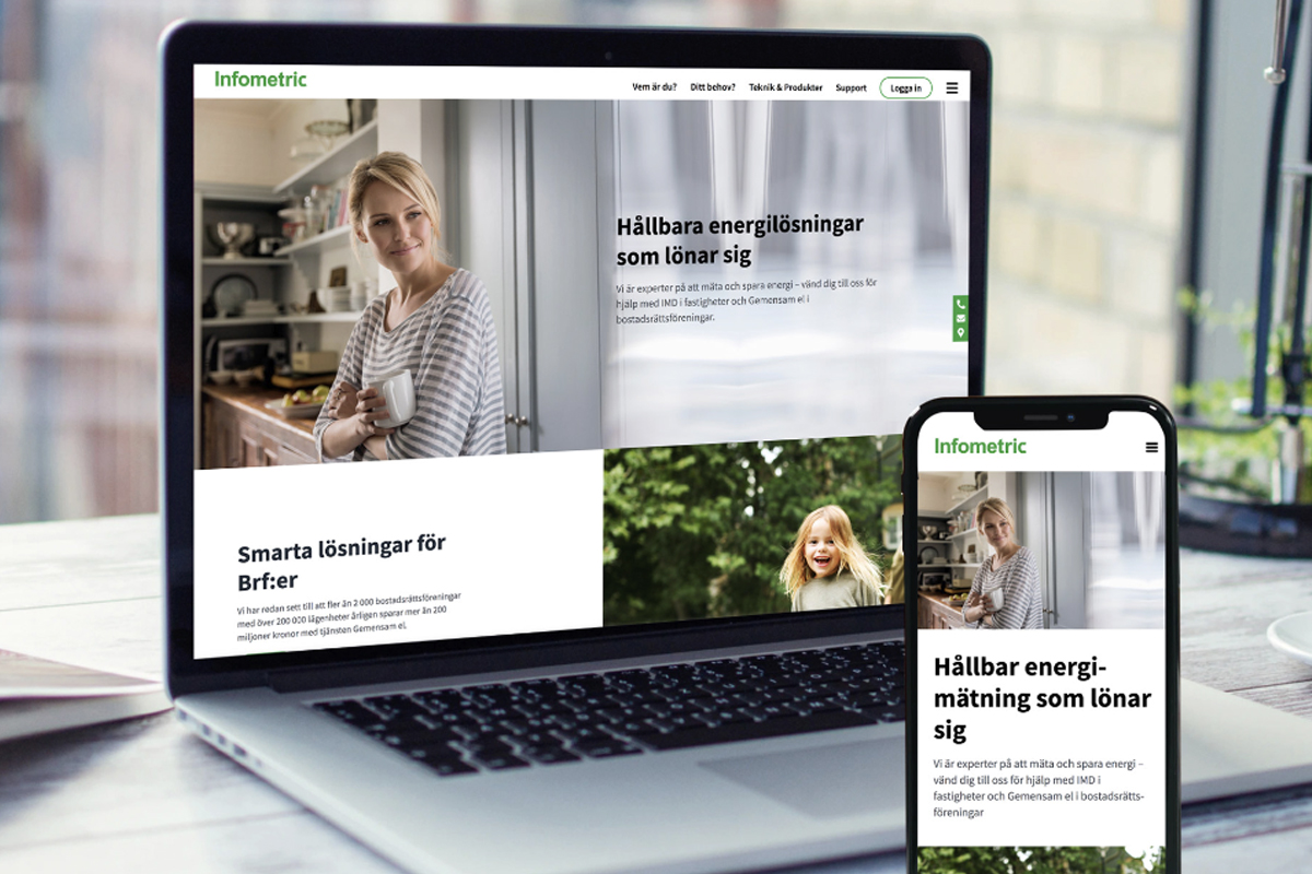 En dator och mobiltelefon som visar upp Infometrics webbsida